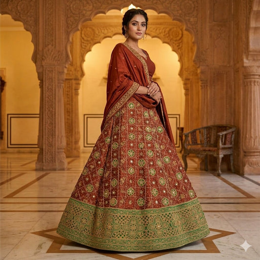 Sanskriti Vintage Orange Pure Silk Unstitched Lehenga Hand Embroidered Zardozi