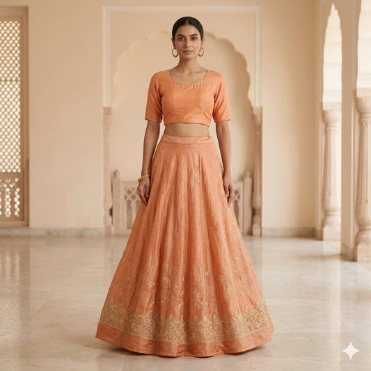 Sanskriti Vintage Orange Pure Silk Unstitched Lehenga Hand Embroidered Zardozi