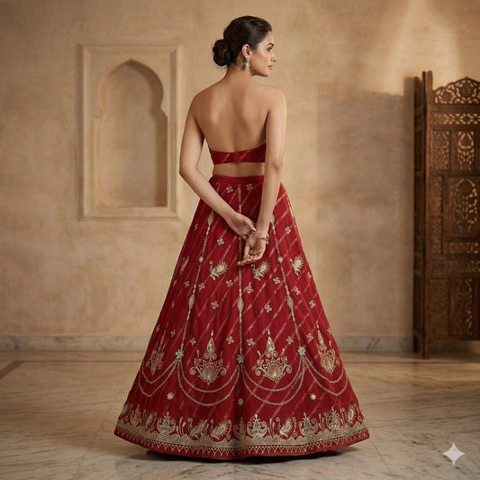 Sanskriti Vintage Dark Red Georgette Stitched Lehenga Peacock Zari Embroidered