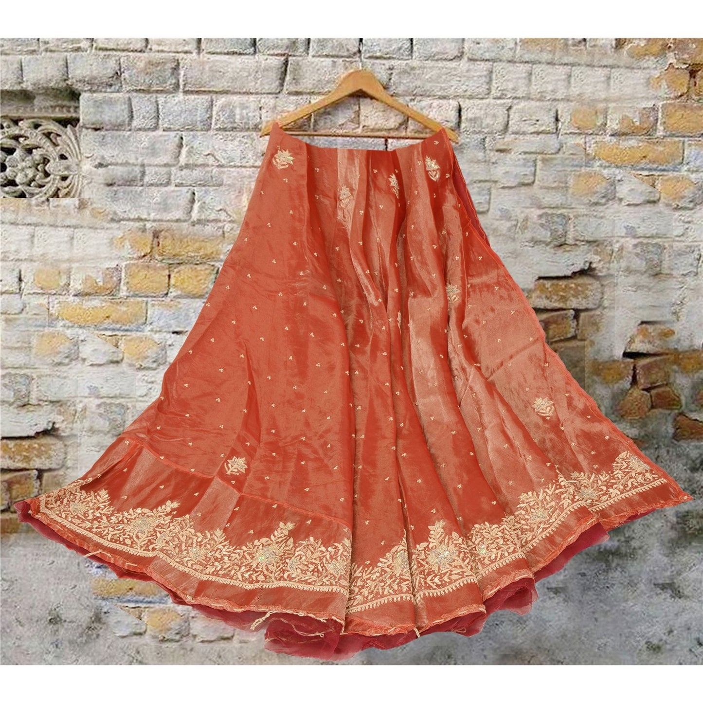 Sanskriti Vintage Red Pure Silk Unstitch Lehenga Hand Embroidery Zardozi Sequins