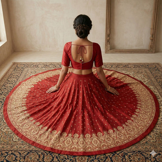 Sanskriti Vintage Red 100% Pure Silk Unstitched Lehenga Hand Embroidered Zardozi