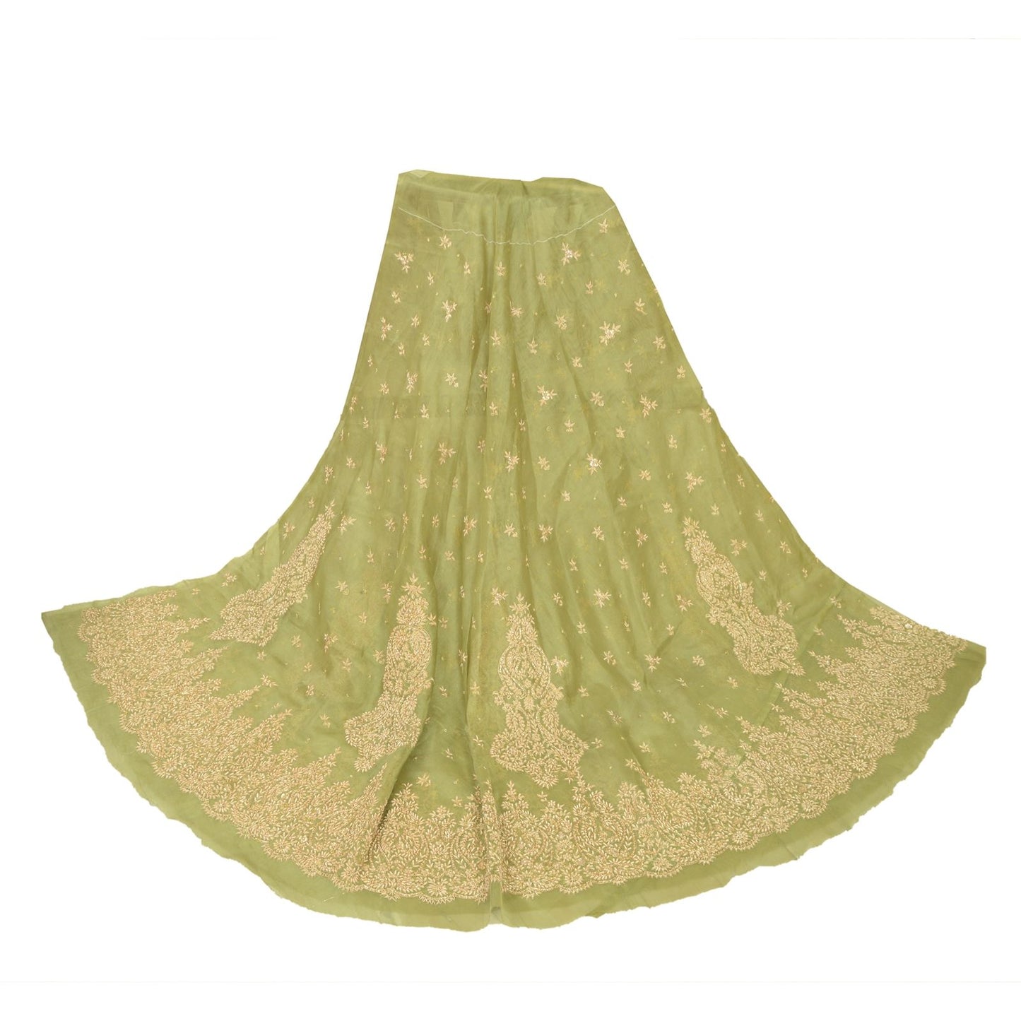 Sanskriti Vintage Green Net Mesh Unstitched Lehenga Hand Embroidery Zardozi Zari
