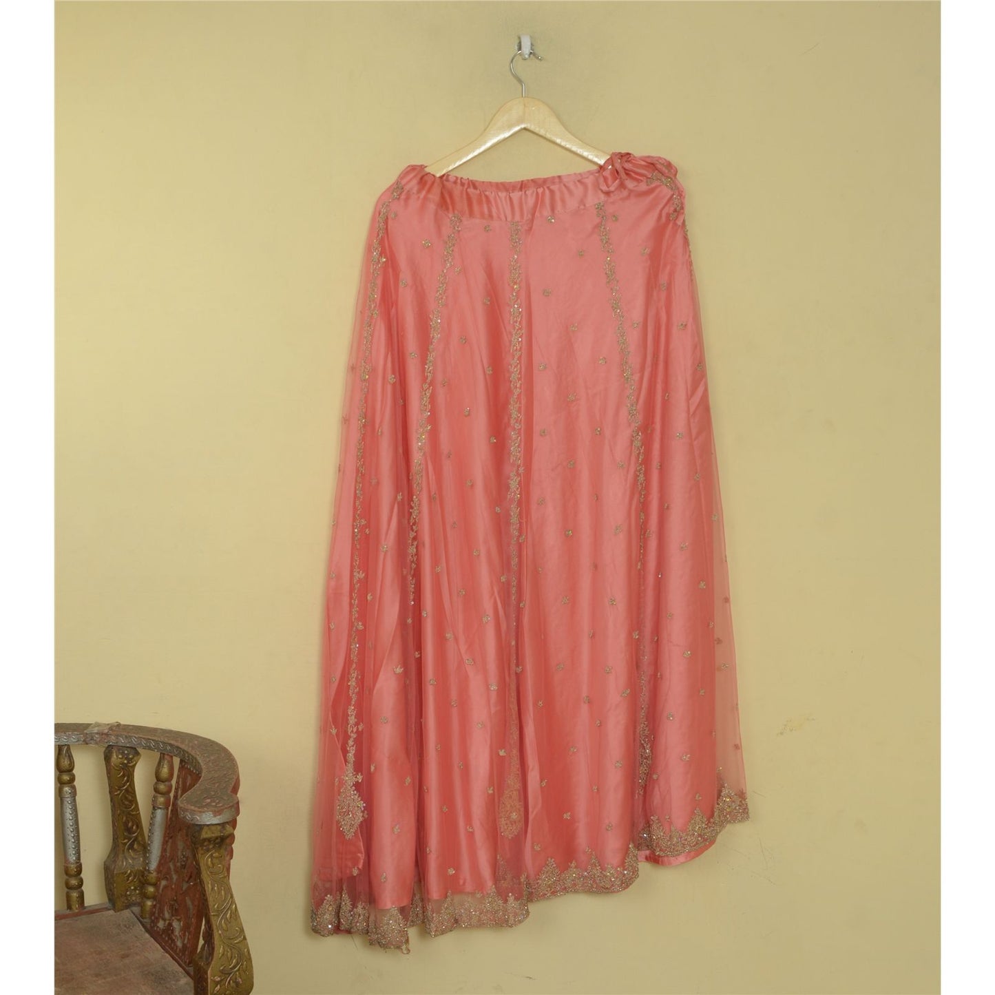 Sanskriti Vintage Peach Net Stitched Lehenga Hand Embroidery Zardozi Sequin Zari