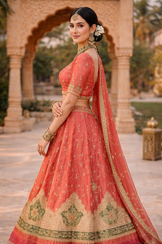 Sanskriti Vintage Red Pure Silk Unstitched Lehenga Hand Embroidered Zardozi Zari