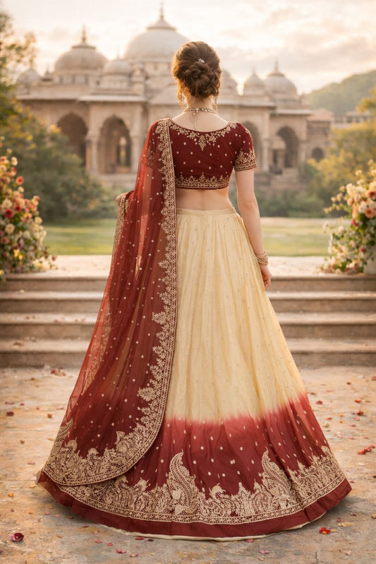Sanskriti Vintage Beige-Red Art Silk Unstitched Lehenga Hand Embroidered Zardozi