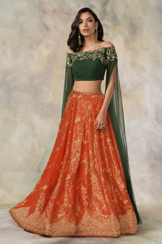 Sanskriti Vintage Orange Pure Silk Unstitched Lehenga Hand Embroidered Zardozi