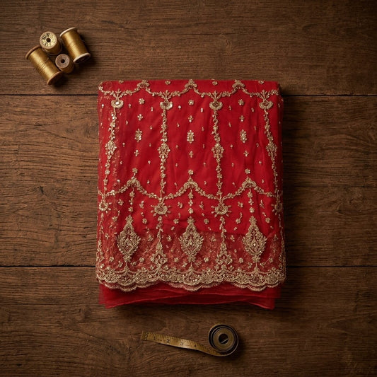 Sanskriti New Red Net Unstitched Lehenga Indian Wedding Hand Embroidered Zardozi