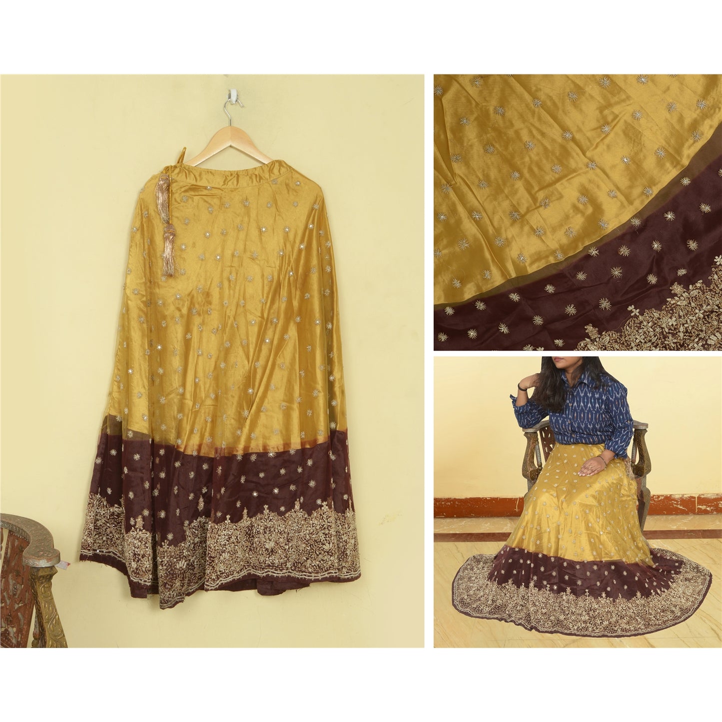 Sanskriti Vintage Golden Net Stitched Lehenga Wedding Hand Embroidery Zardozi