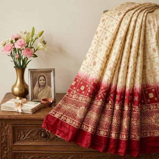 Sanskriti New Golden-Red Pure Silk Unstitched Lehenga Hand Embroidered Zardozi