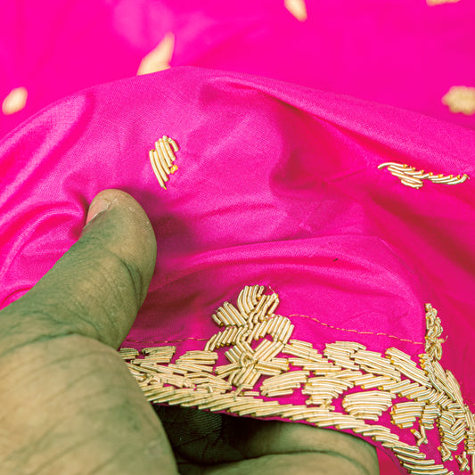 Sanskriti New Pink Pure Silk Unstitched Wedding Lehenga Hand Embroidered Zardozi