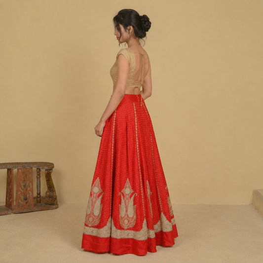 Sanskriti New Red Pure Silk Unstitched Lehenga Hand Embroidered Zardozi Wedding