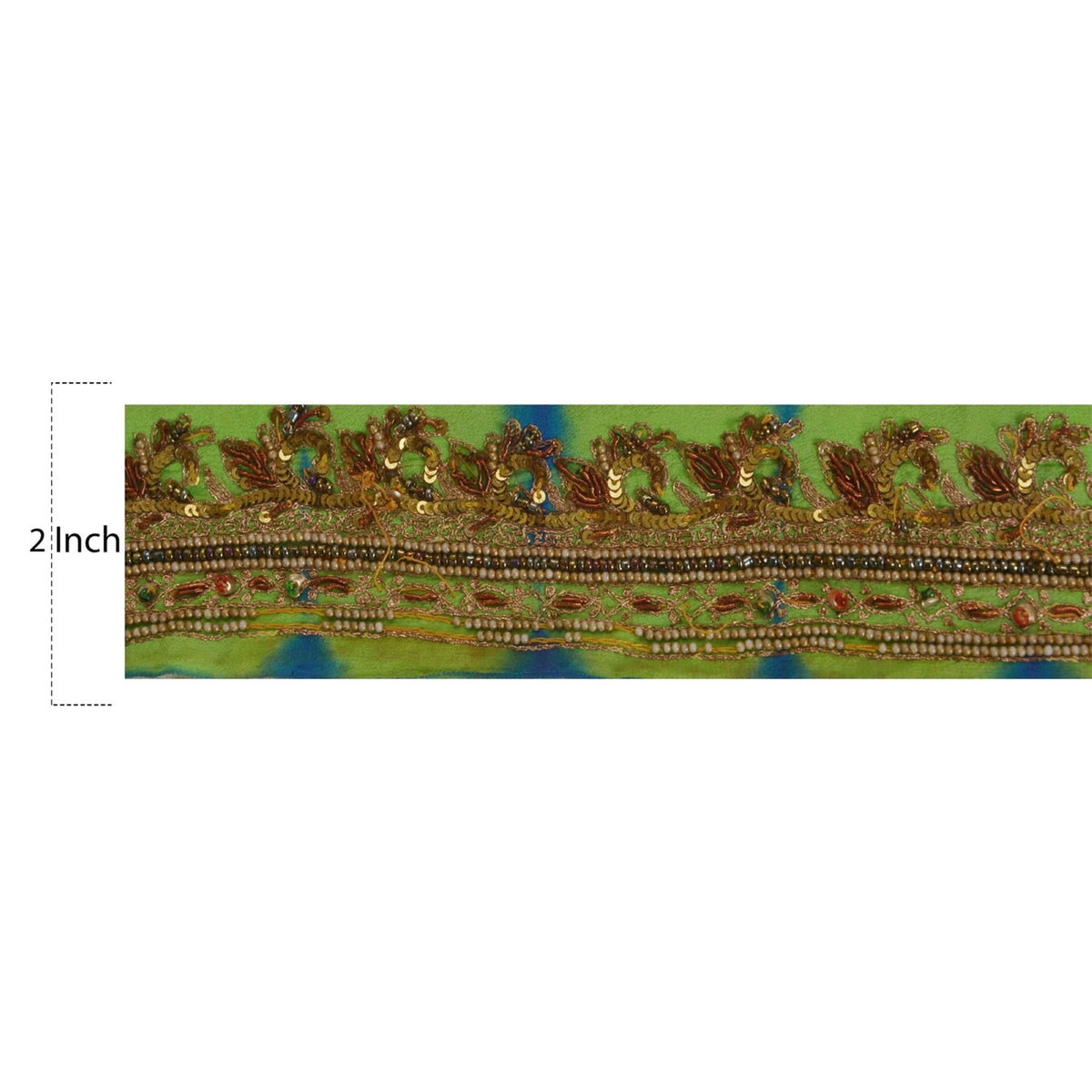 Sanskriti Vintage Hand Beaded 1 Yard Sari Border Pure Crepe Trim Green-Blue Lace