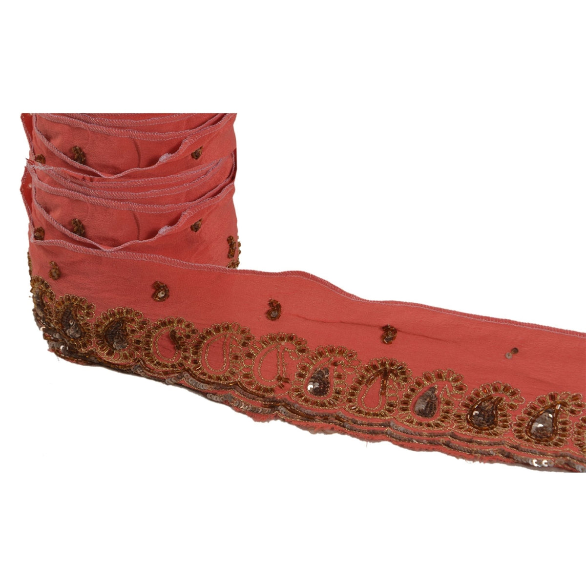 Sanskriti Vintage Hand Beaded 1 Yard Sari Border Pure Crepe Trim Pink Lace