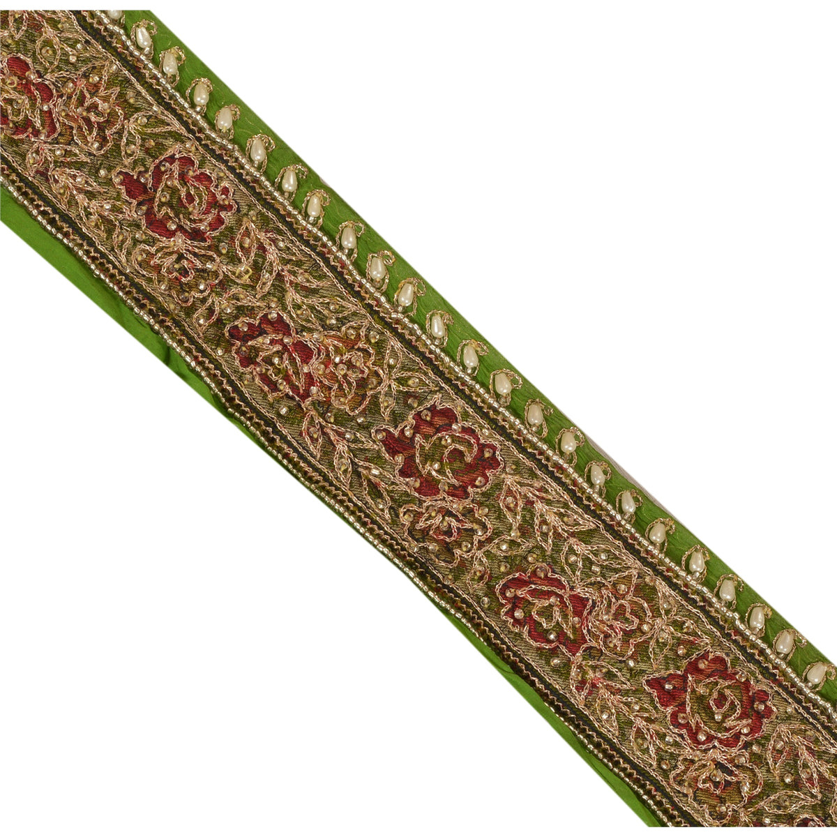 Sanskriti Vintage Hand Beaded Chiffon Silk Sari Border 1 Yard 2"W Green Lace