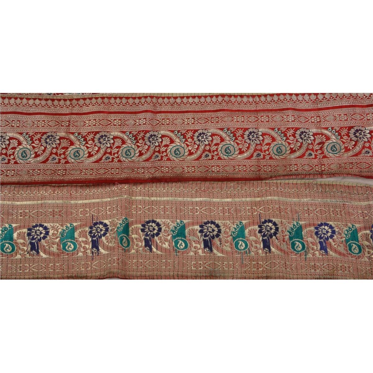 Sanskriti Vintage Brocade Zari Woven 1 Yard Sari Border Trim Pure Silk Red Lace