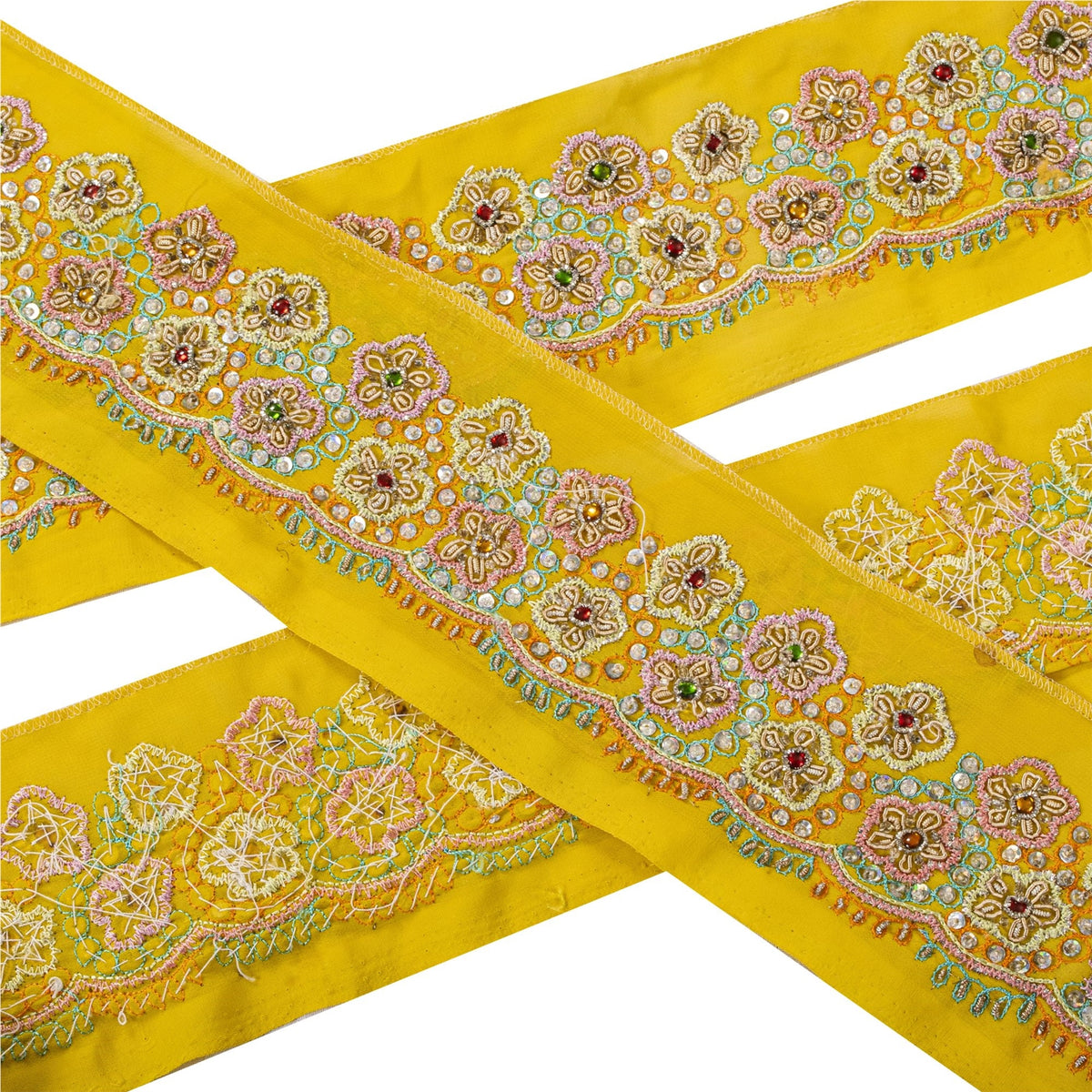 Sanskriti Vintage Hand Embroidered 1 Yd Sari Border Pure Crepe Yellow Craft Lace