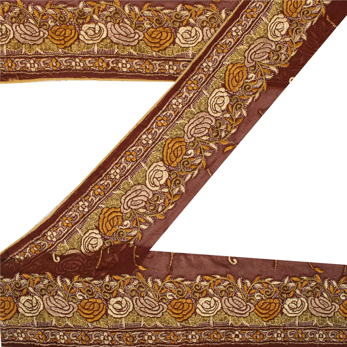 Sanskriti Vintage Embroidered 1 Yd Sari Border Pure Silk Trim Brown Lace Ribbon