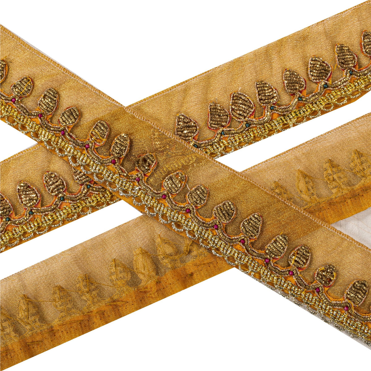 Sanskriti Vintage Hand Embroidered 1 Yard Sari Border Pure Tissue Golden Lace