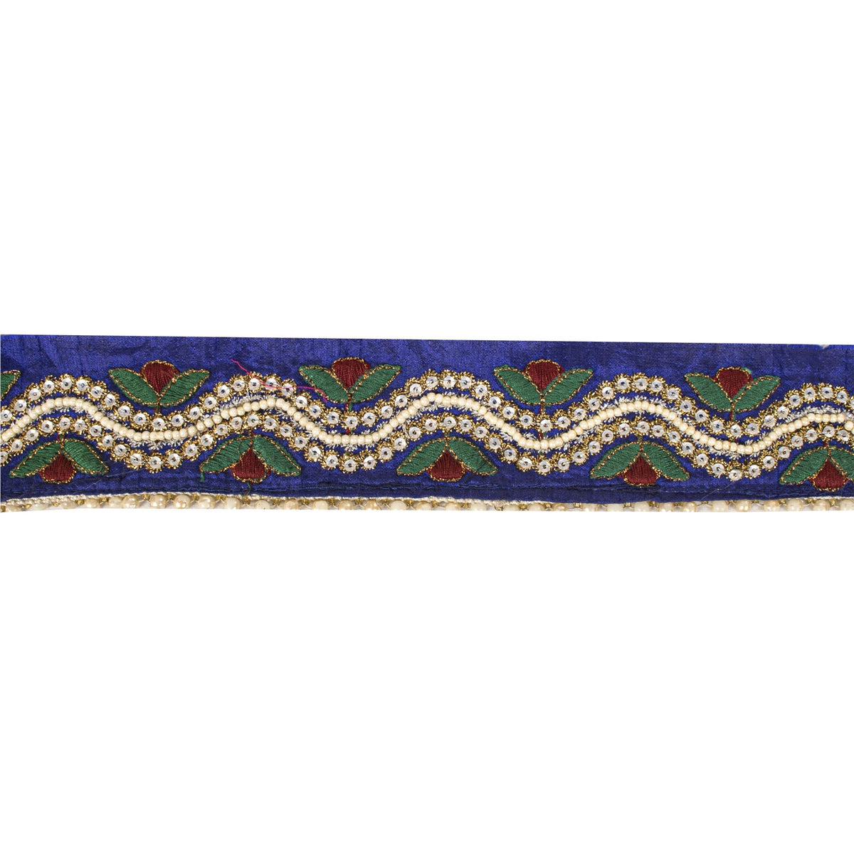 Sanskriti Vintage Hand Beaded 1 Yard Sari Border Art Silk Blue Ribbon Craft Lace