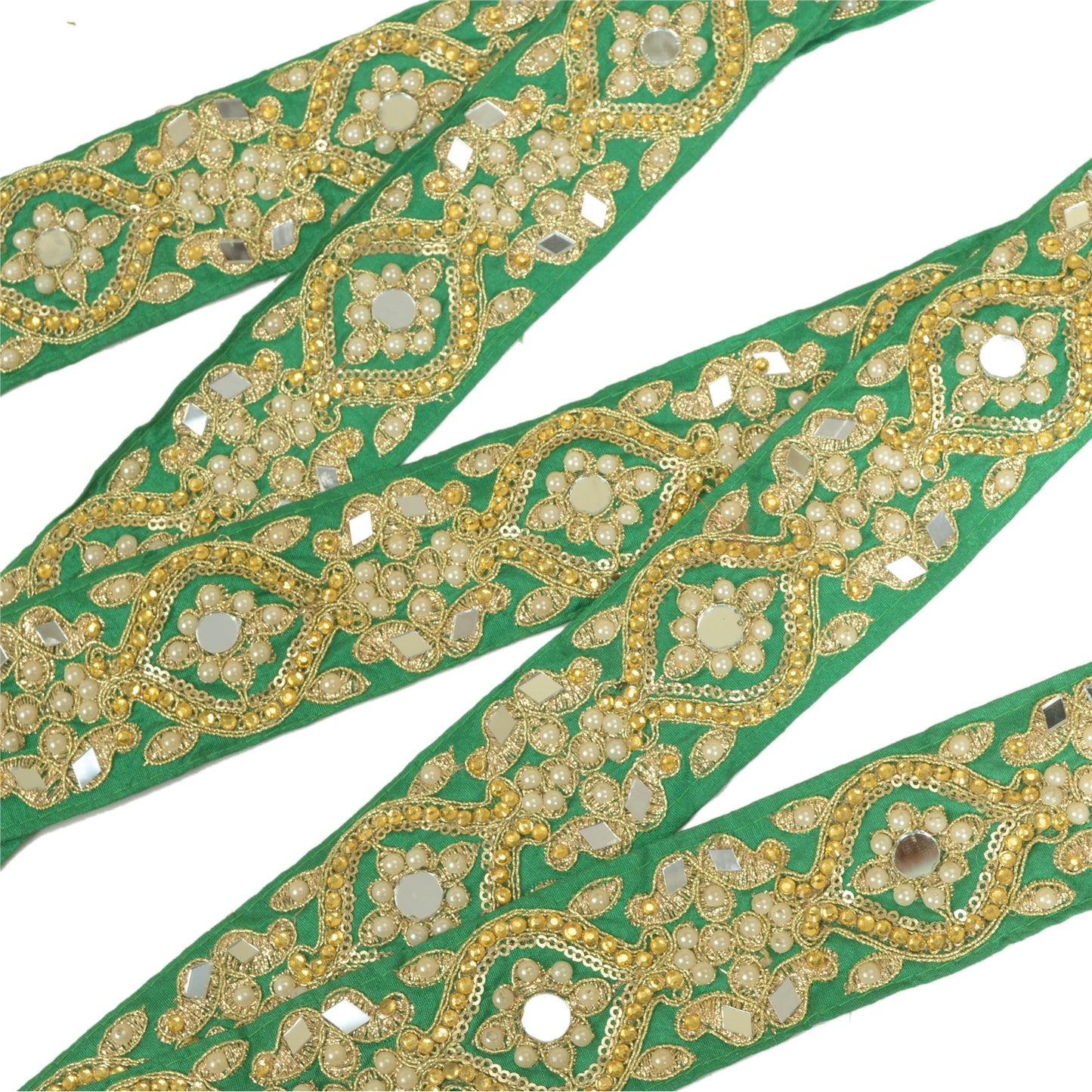 Sanskriti Hand Beaded Prom Dress Border 1 YD Trim Green Craft Lace Pearl Beads