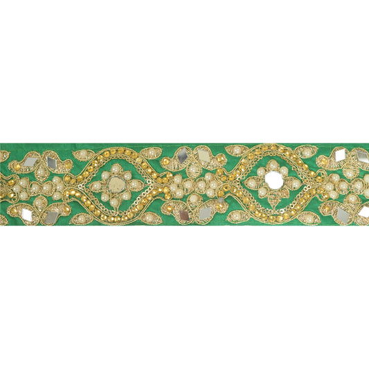 Sanskriti Hand Beaded Prom Dress Border 1 YD Trim Green Craft Lace Pearl Beads