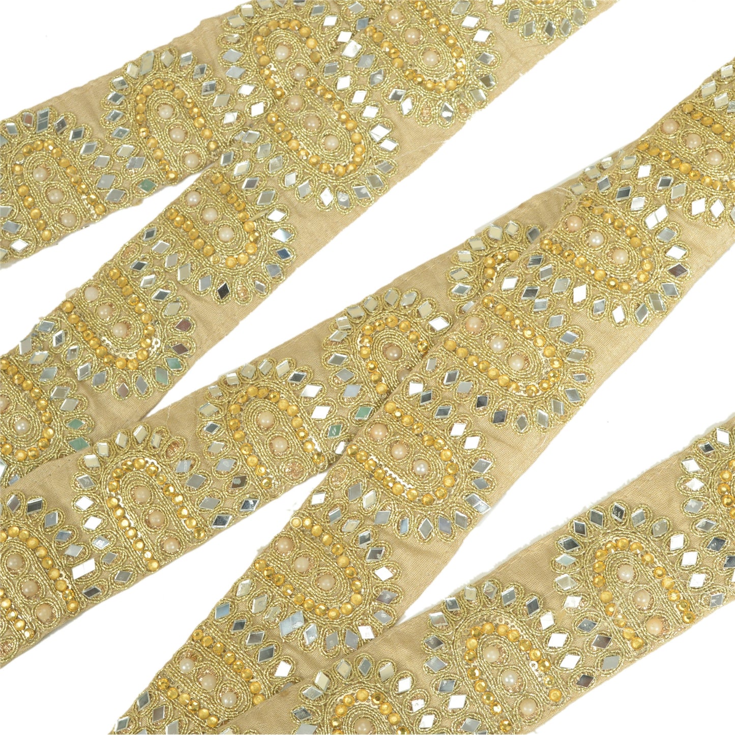 Sanskriti Hand Beaded Bridal Border 1 YD Trim Golden Craft Lace Mirror Work