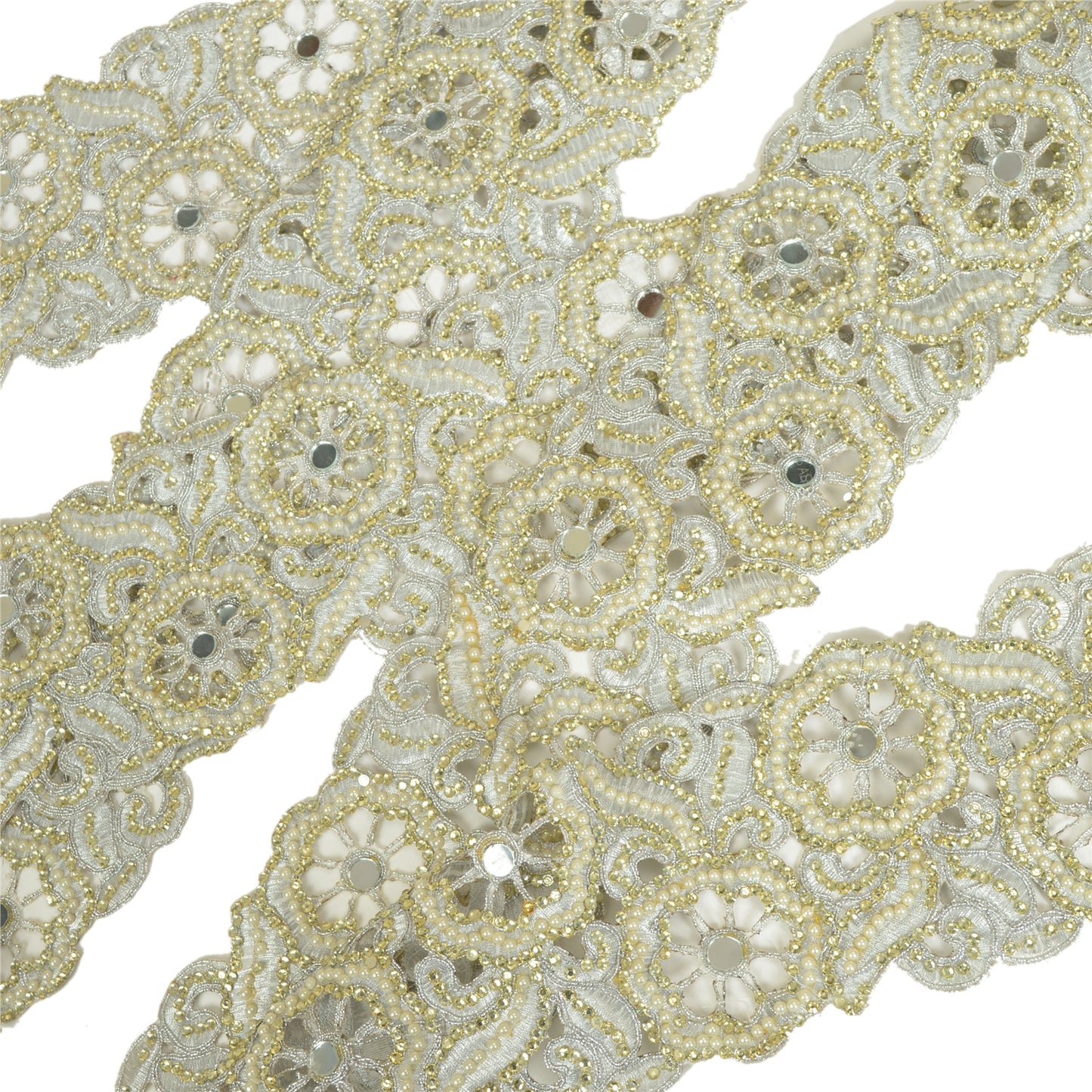 Sanskriti Hand Beaded Bridal Border 1 YD Trim Silver Craft Lace Pearl Beads Work