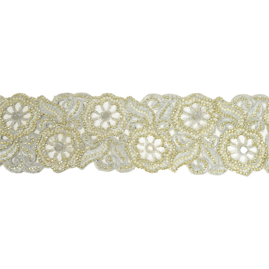 Sanskriti Hand Beaded Bridal Border 1 YD Trim Silver Craft Lace Pearl Beads Work