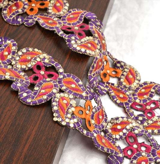 Hand Beaded Prom Dress Border 1 YD Trim Purple Pink Craft Lace Rhinestones Work