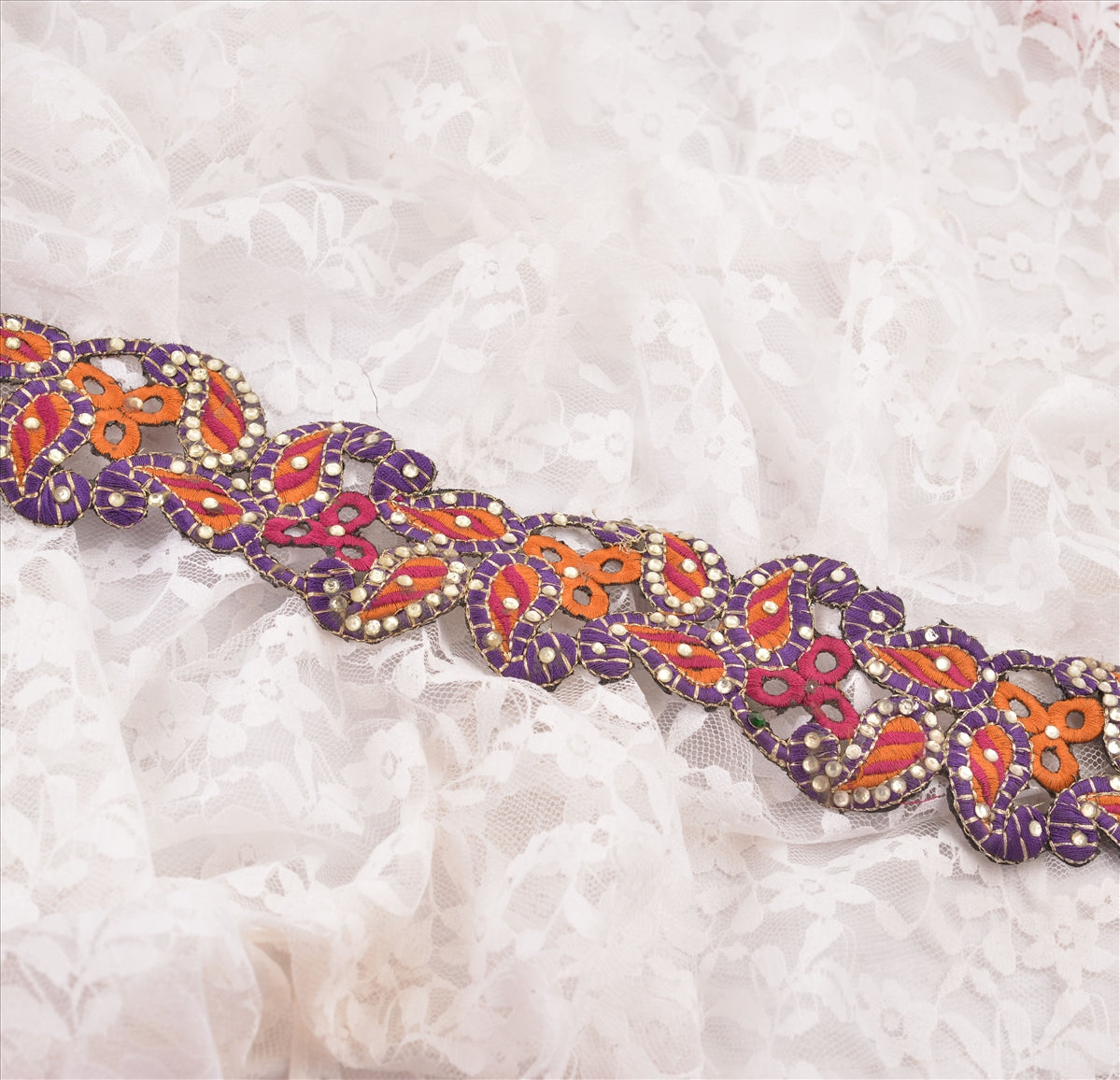 Hand Beaded Prom Dress Border 1 YD Trim Purple Pink Craft Lace Rhinestones Work