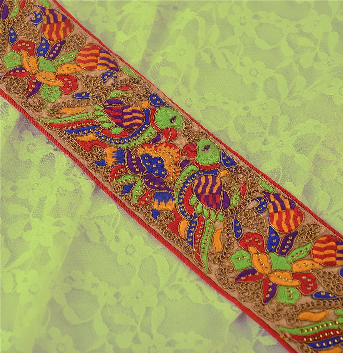 Hand Beaded Prom Dress Border 1 YD Trim Beige Craft Lace Rhinestone Work