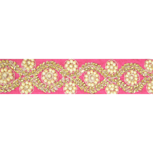 Sanskriti Hand Beaded Prom Dress Border 1 YD Trim Pink Craft Pearl Beads Lace