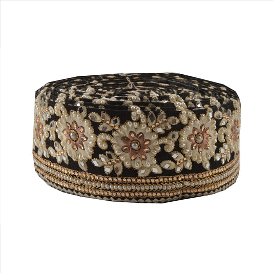 Hand Beaded Party Prom Dress Border 1 YD Trim Black Craft Lace Mirrors Pearls