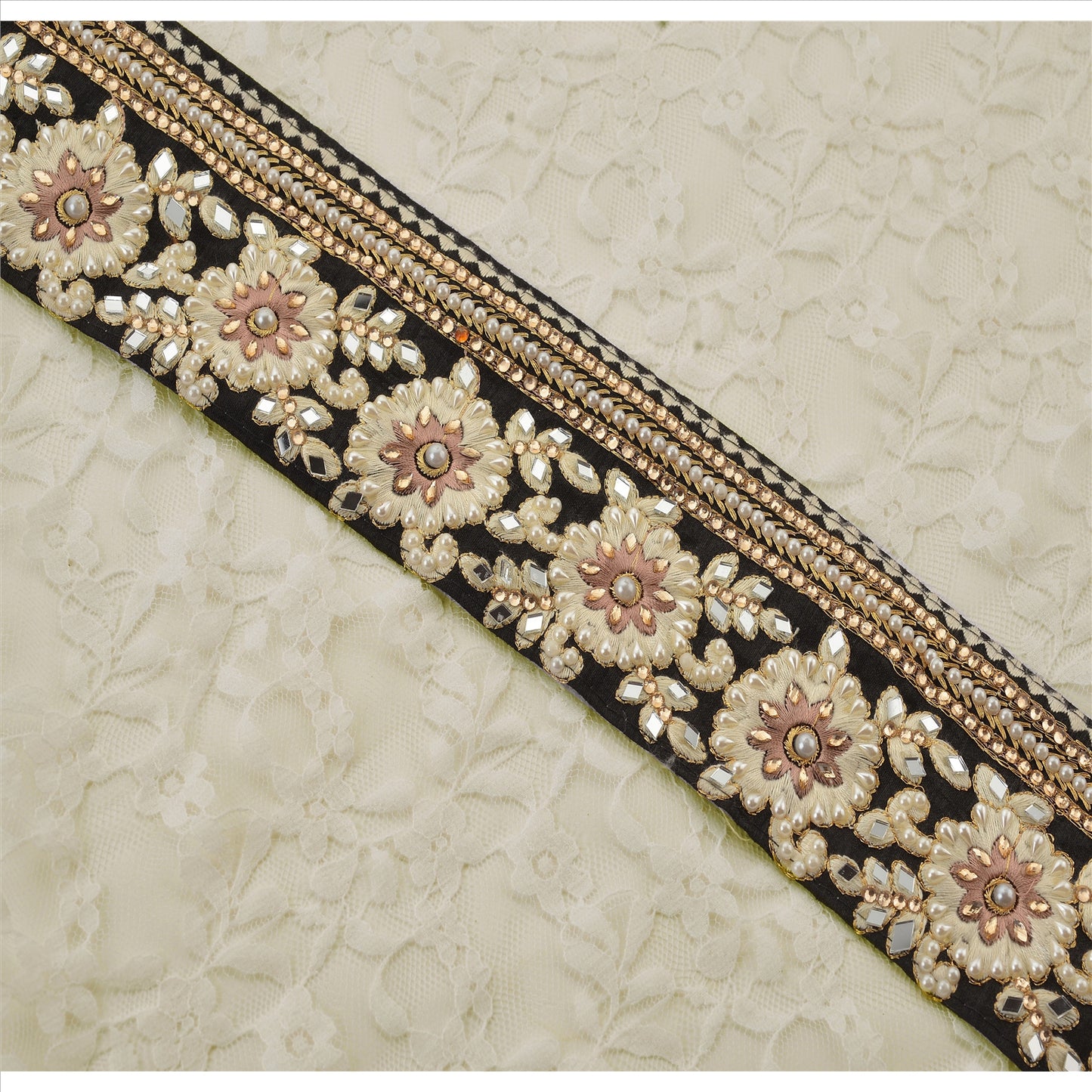 Hand Beaded Party Prom Dress Border 1 YD Trim Black Craft Lace Mirrors Pearls