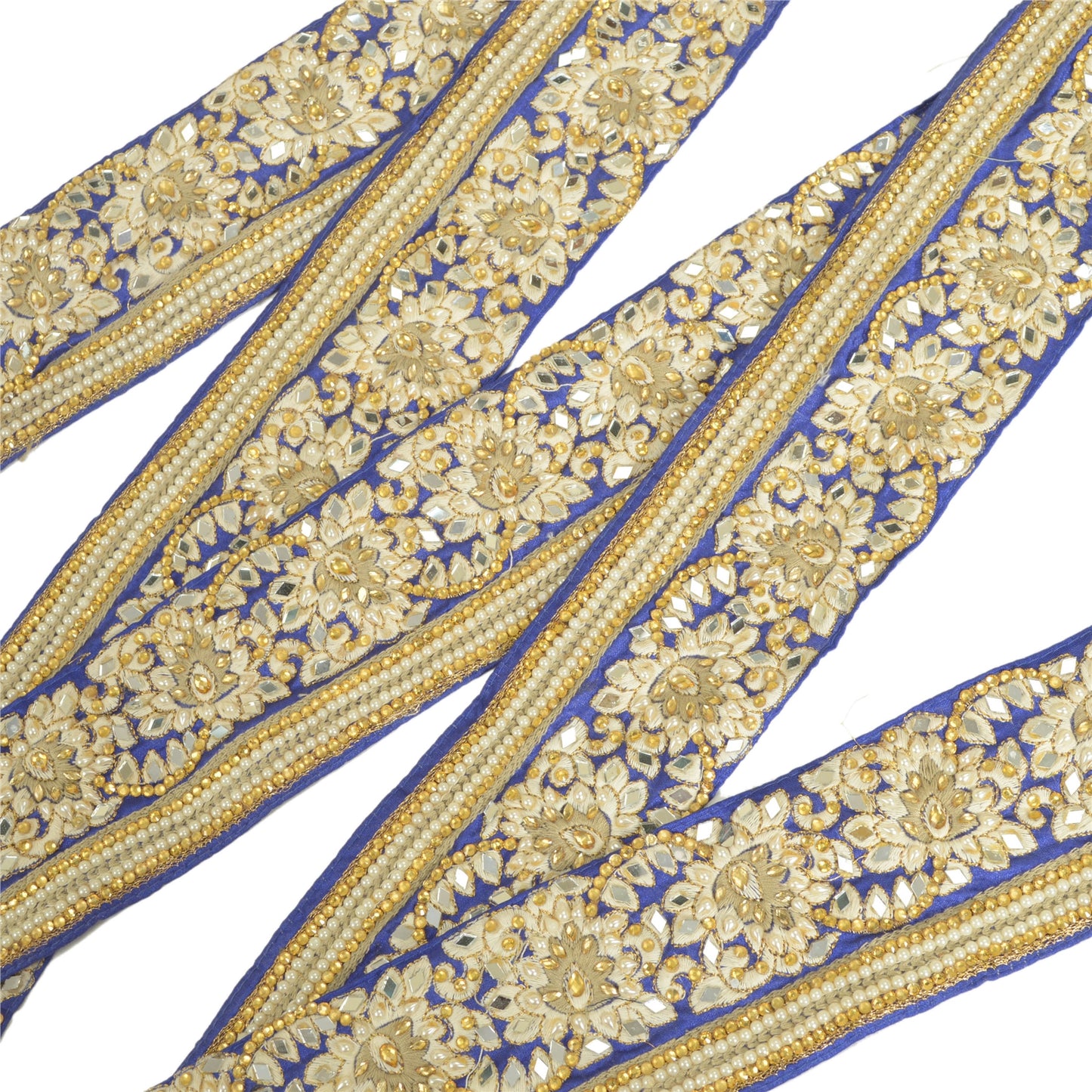 Sanskriti Hand Beaded Dress Border 1 YD Trim Blue Craft Sewing Pearl Beads Lace