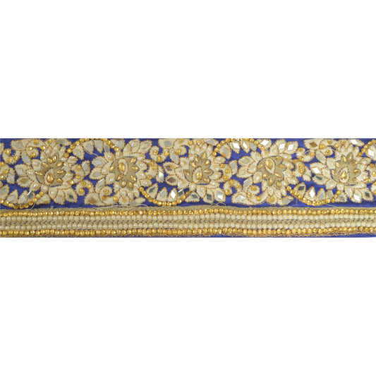 Sanskriti Hand Beaded Dress Border 1 YD Trim Blue Craft Sewing Pearl Beads Lace
