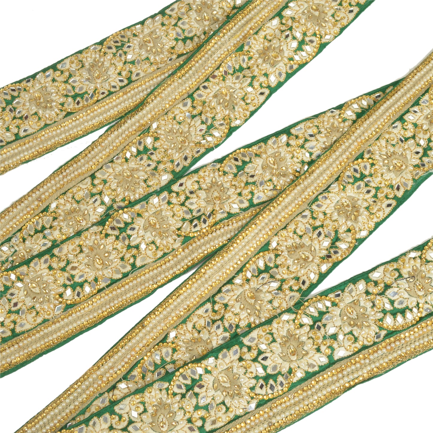 Sanskriti Hand Beaded Party Prom Border 1 YD Trim Green Craft Lace Mirrors