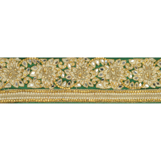 Sanskriti Hand Beaded Party Prom Border 1 YD Trim Green Craft Lace Mirrors