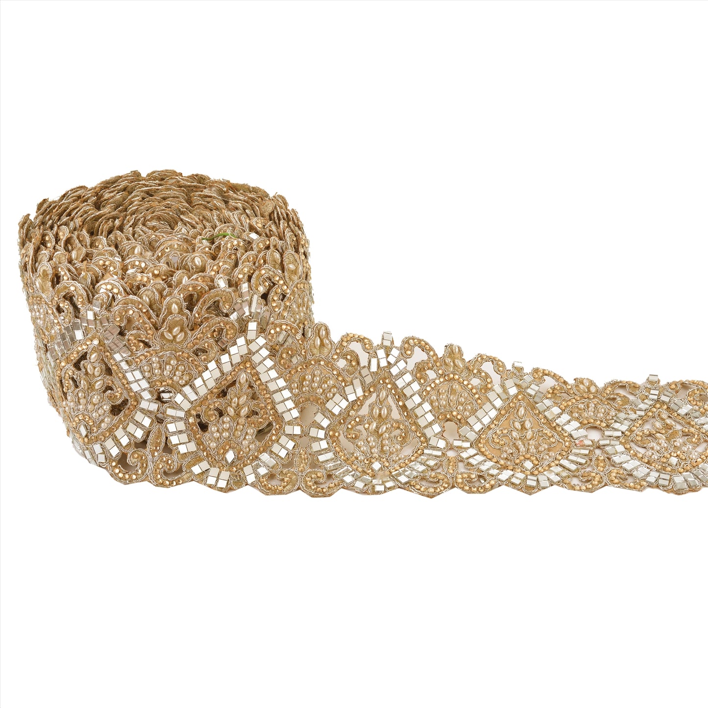 Sanskriti Hand Beaded Bridal Border 1 YD Trim Golden Cutwork Border Craft Lace Mirrors