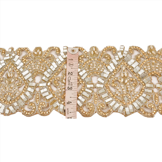 Sanskriti Hand Beaded Bridal Border 1 YD Trim Golden Cutwork Border Craft Lace Mirrors
