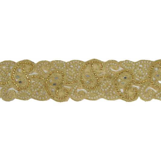 Sanskriti Hand Beaded Bridal Border 1 YD Trim Golden Craft Pearls Mirror Lace