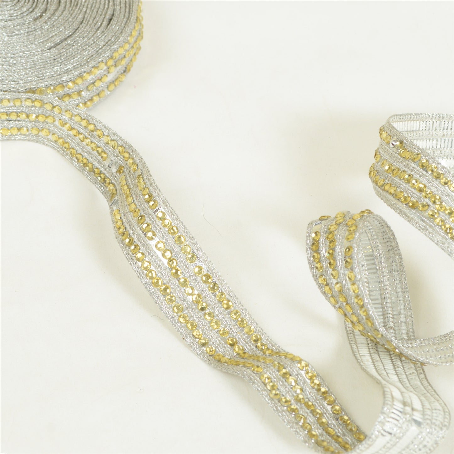 Sanskriti Hand Beaded Dress Border 1YD Trim Silver Craft Lace Sewing Rhinestones