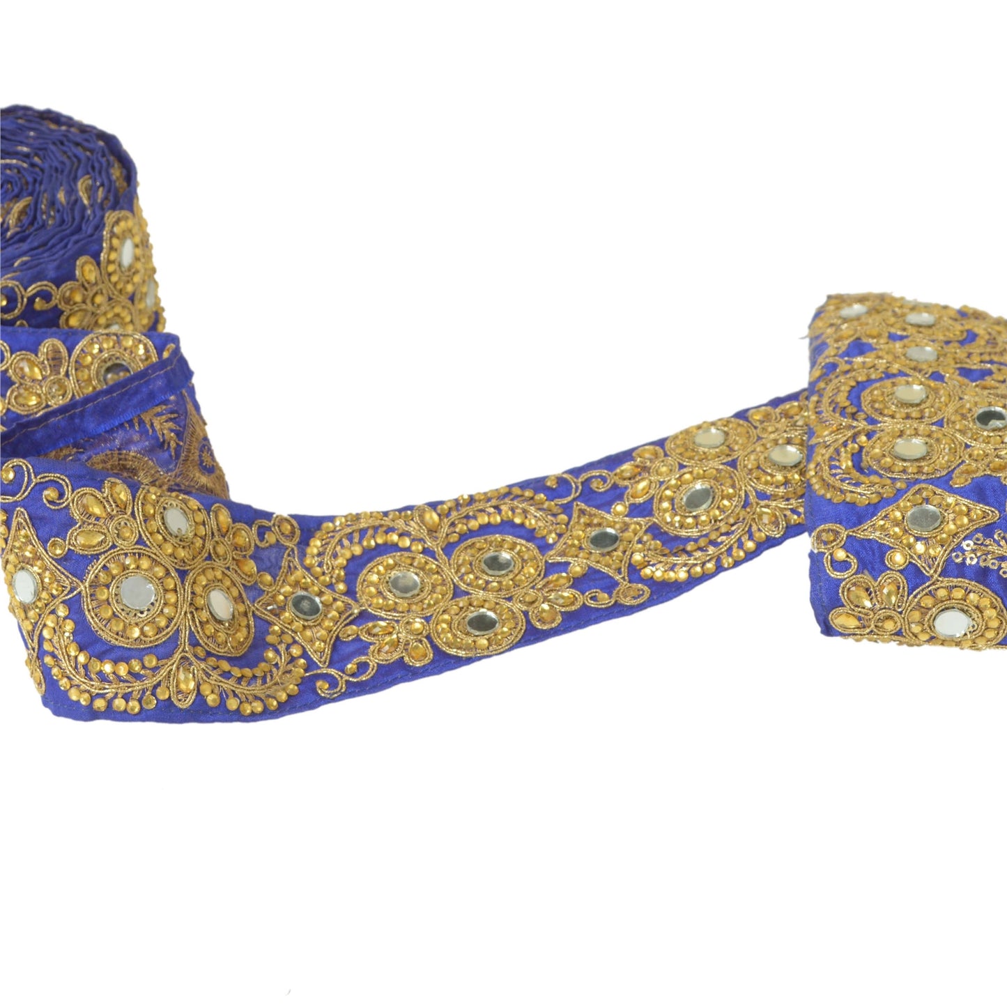 Sanskriti Hand Beaded Party Dress Border 1YD Trim Blue Craft Lace Mirrors Craft