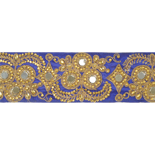 Sanskriti Hand Beaded Party Dress Border 1YD Trim Blue Craft Lace Mirrors Craft