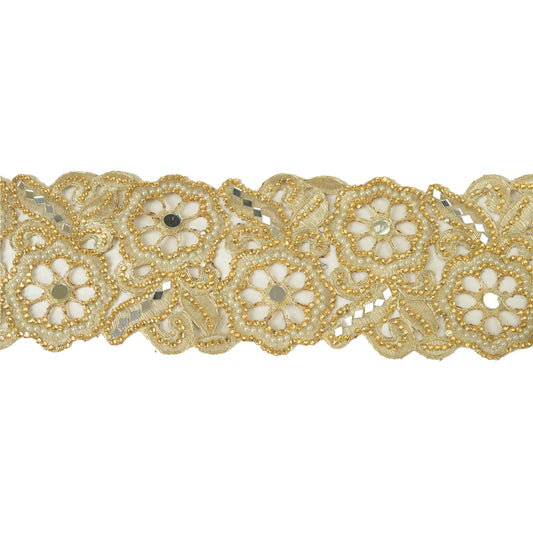 Sanskriti Hand Beaded Bridal Border 1 YD Trim Golden Border Craft Lace Mirrors