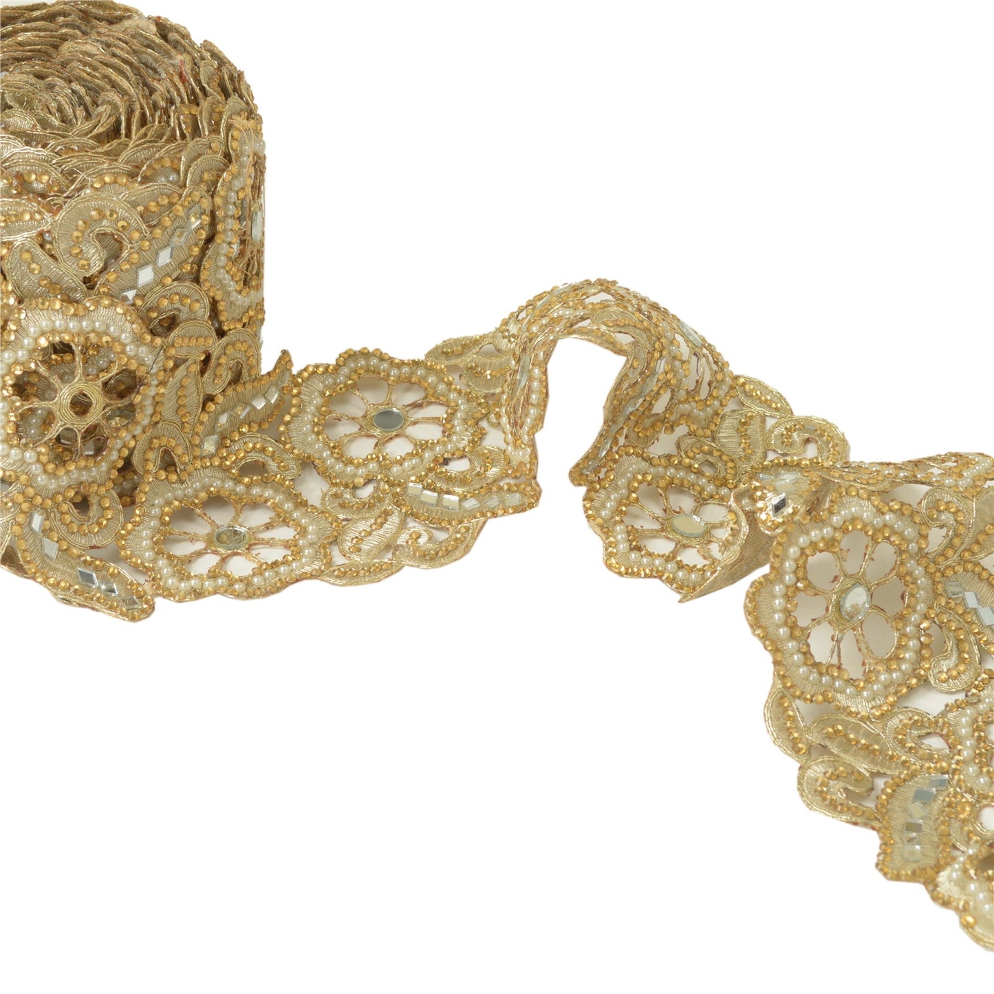 Sanskriti Hand Beaded Bridal Border 1 YD Trim Golden Border Craft Lace Mirrors