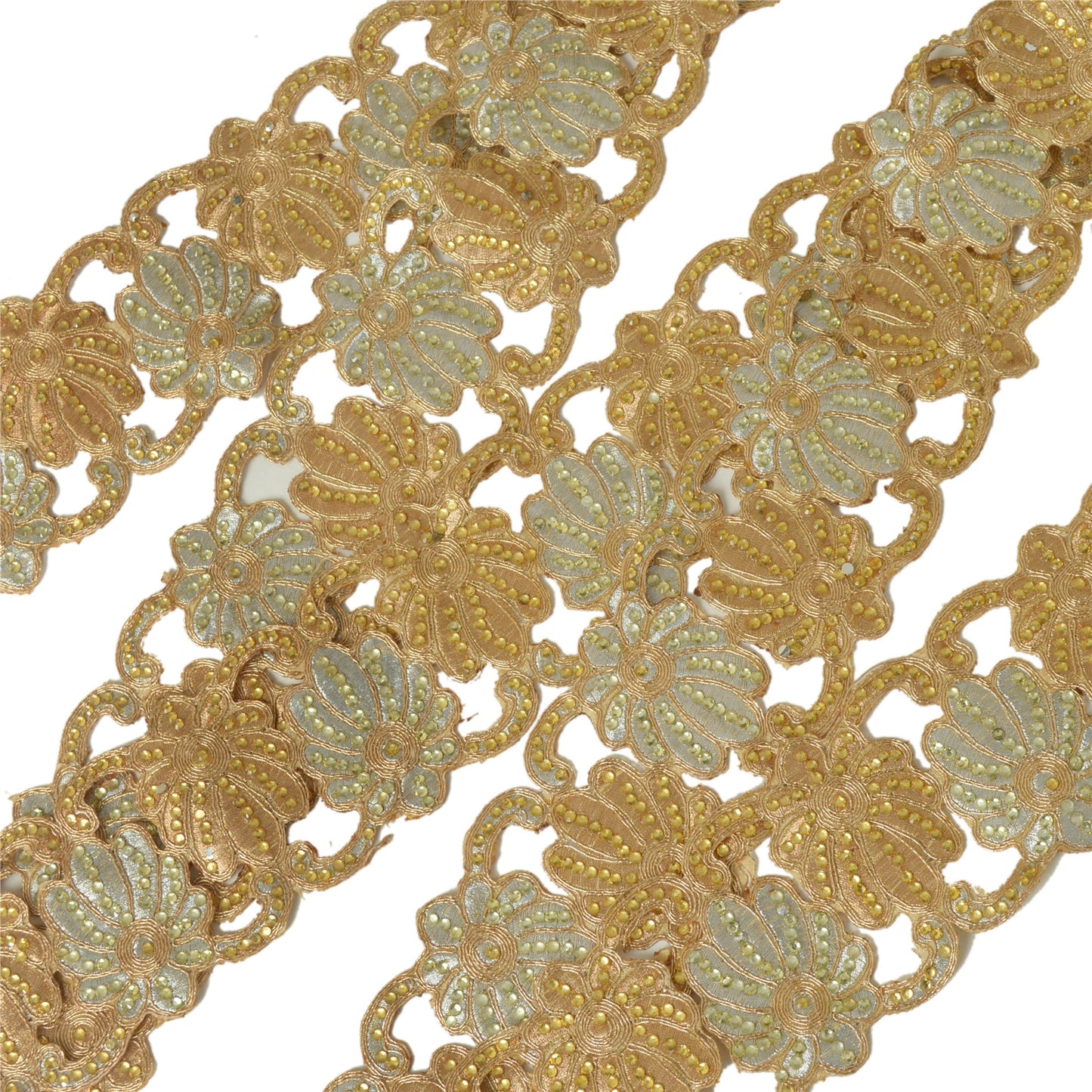 Sanskriti Hand Beaded Bridal Border 1 YD Trim Golden Craft Lace Rhinestones