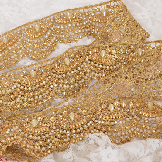 Hand Beaded Bridal Border 1 YD Trim Golden Craft Lace Pearl Beads Rhinestones