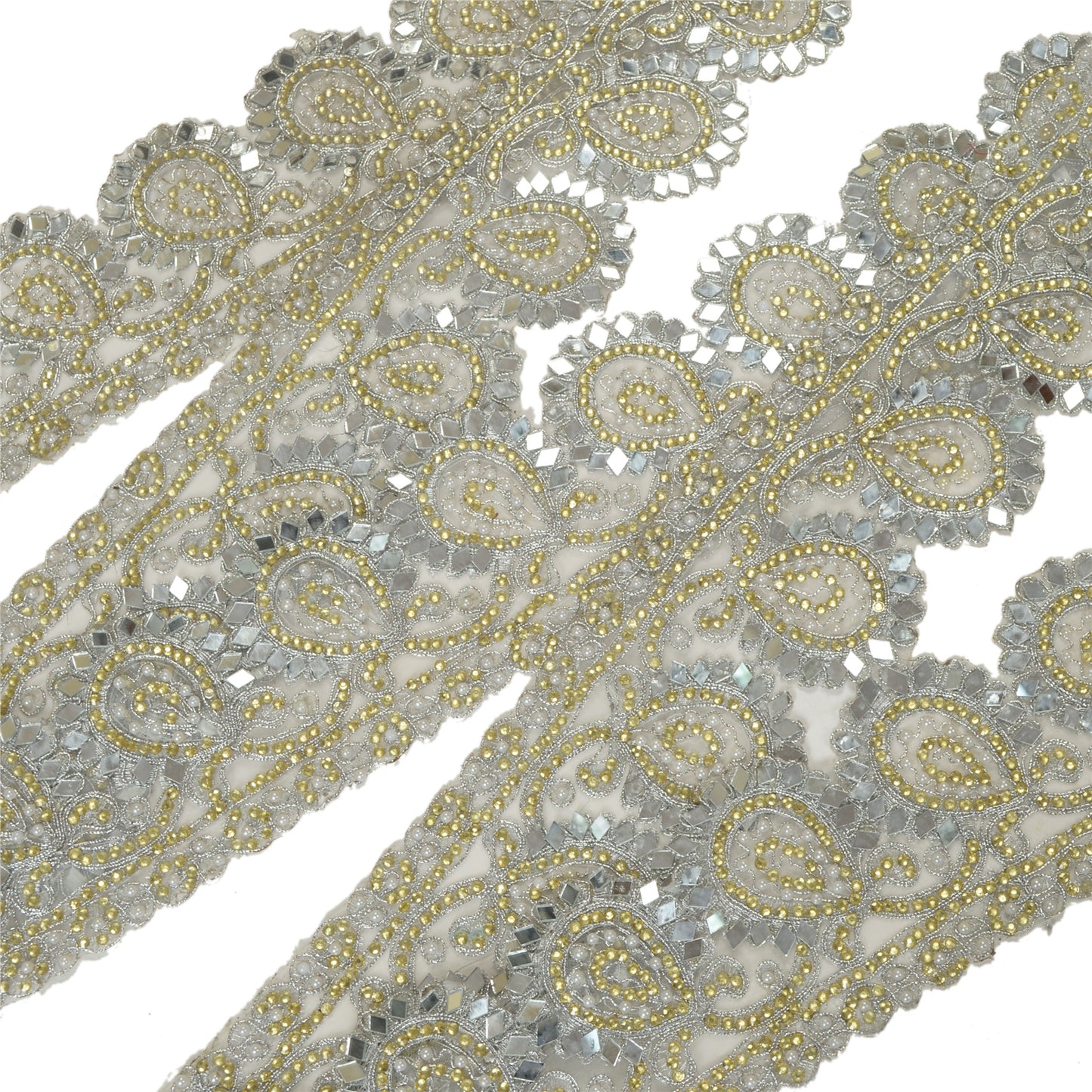 Sanskriti Hand Beaded Bridal Dress Border 1YD Trim Silver Craft Lace Mirrors