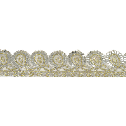 Sanskriti Hand Beaded Bridal Dress Border 1YD Trim Silver Craft Lace Mirrors